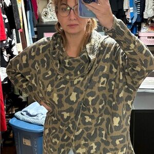 LuLaRoe Gray and Tan Leopard Cowl Neck Sweater